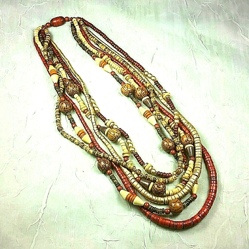Multi Strand Wood Seed Bead Necklace 20-26" Rich Brown Gold Layered Boho Tribal